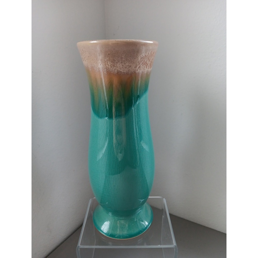 VTG Midcentury Drip Glazed Vase Art Pottery Turquoise Brown Drip Shapely Crazing